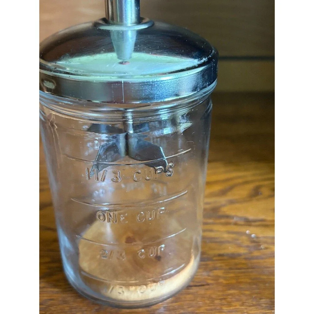 Vintage Hazel Atlas Nut Food Chopper Glass Measure Red Wood Knob Manual